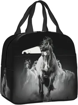 Сумка для ланча с черно-белой лошадью, изолированная водонепроницаемая сумка-тоут, многоразовый ланч-бокс для пикника