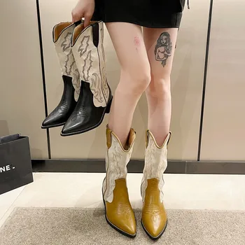 Те же ковбойские сапоги в стиле Вестерн, женские сапоги на толстом каблуке с вышивкой, тонкие сапоги среднего размера, Универсальные кавалерийские ботинки с острым носком в тон.