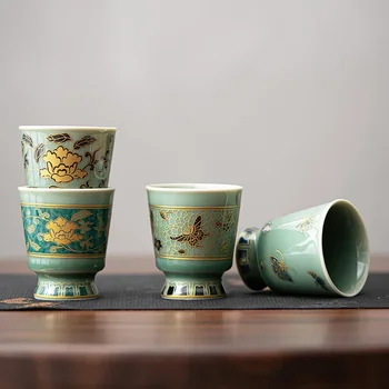 Чайный сервиз Yue Kiln Celadon, чашка мастера кунг-фу, одинарная керамическая бытовая чайная чашка с образцом росписи золотом высокого качества.