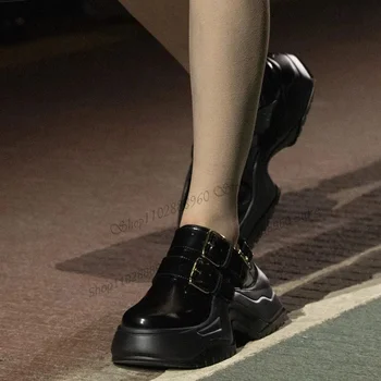 Черные Кожаные туфли-лодочки с пряжкой для ремня на толстой подошве на плоской подошве С Мужскими вечерними туфлями Без застежки С круглым носком 2023, Модные Zapatos Mujere