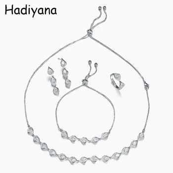 Ювелирные наборы Hadiyana высшего качества из 4 шт., геометрическое ожерелье из кубического циркона, серьги, кольцо, набор свадебных украшений TZ8144